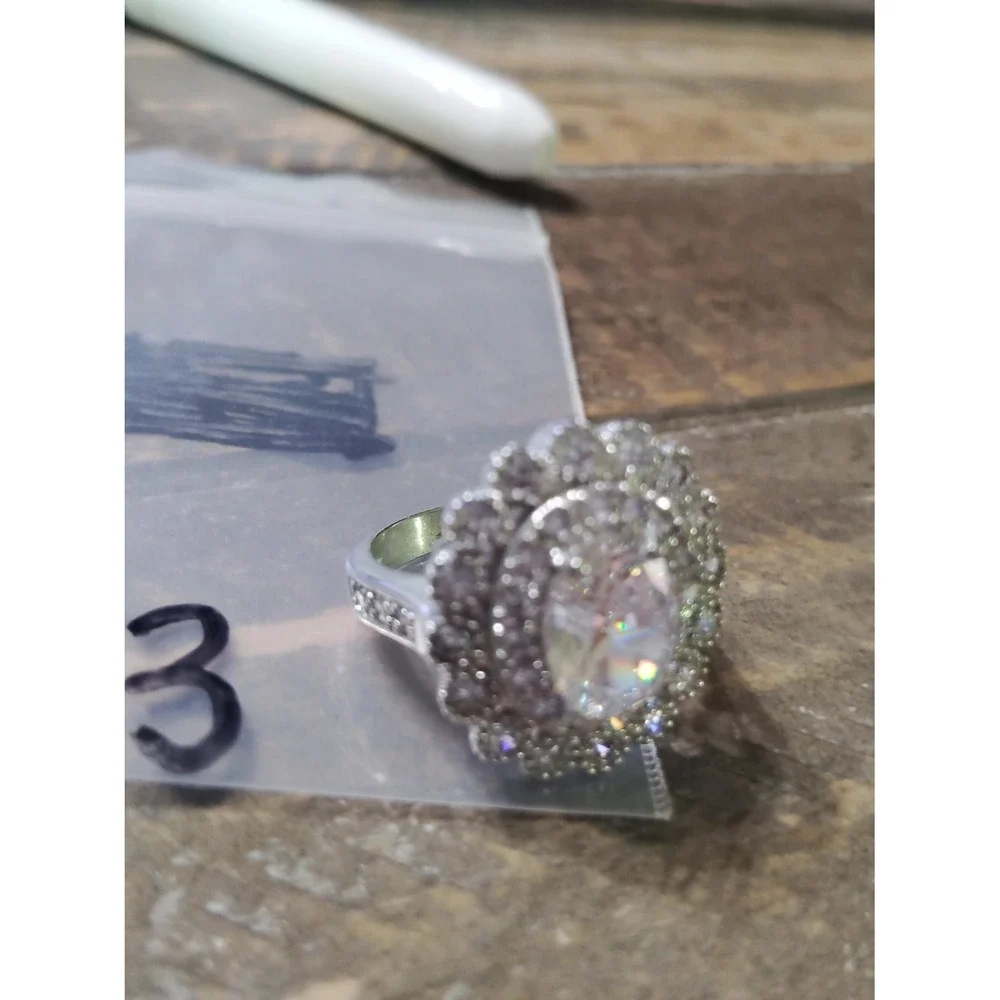 925 Sterling Silver Oval CZ Double Halo Cocktail Ring Pave Band Size 6.75 Womens